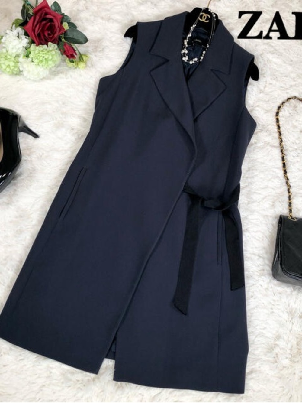 ZARA BASIC Navy Blue Sleeveless Belted Midi Vest Dress Size M